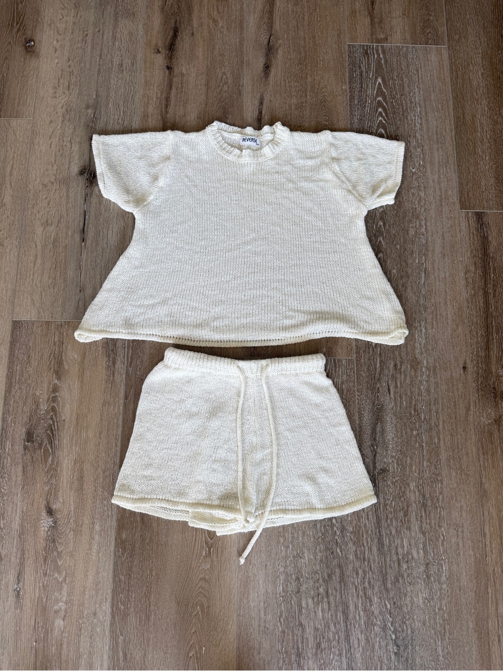 Reverse Cream Knit Two-Piece Lounge Set - Short Sleeve Top & Drawstring Shorts